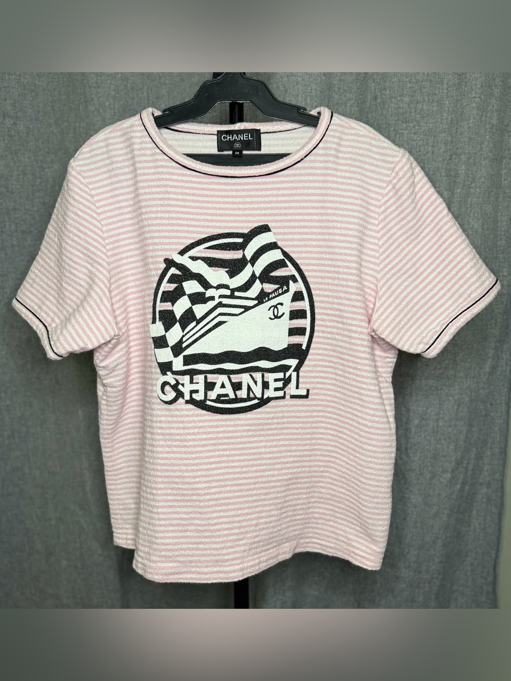 Chanel Coastal Pink White Striped Terry Cloth Cruise La Pausa CC Logo Top IT 38